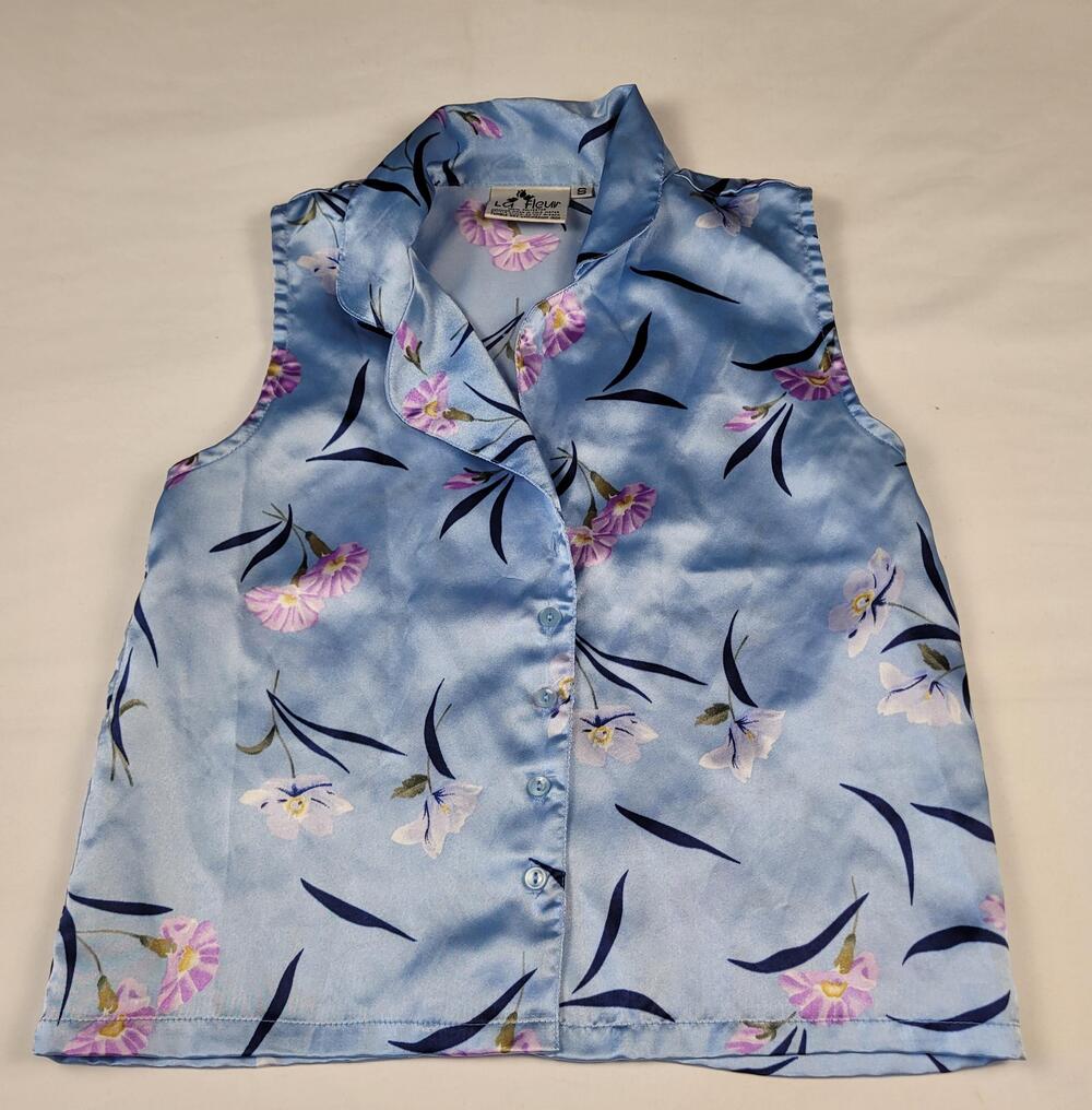 Vtg La Fleur Blue Floral Satin Sleeveless Pajama Top Blouse Women's Size Small